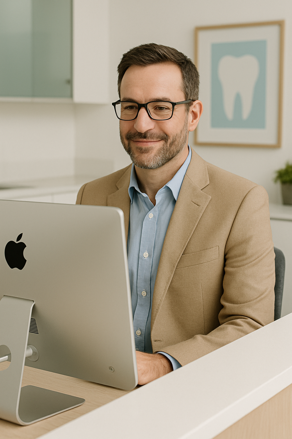 A practice manager using the Cover Dental web app at his computer
